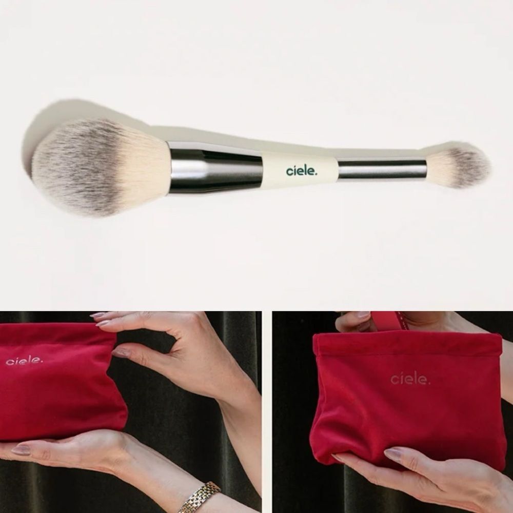 CIELE Dual Ended Powder Brush New In Box + Berri Makeup Bag Clean Beauty
